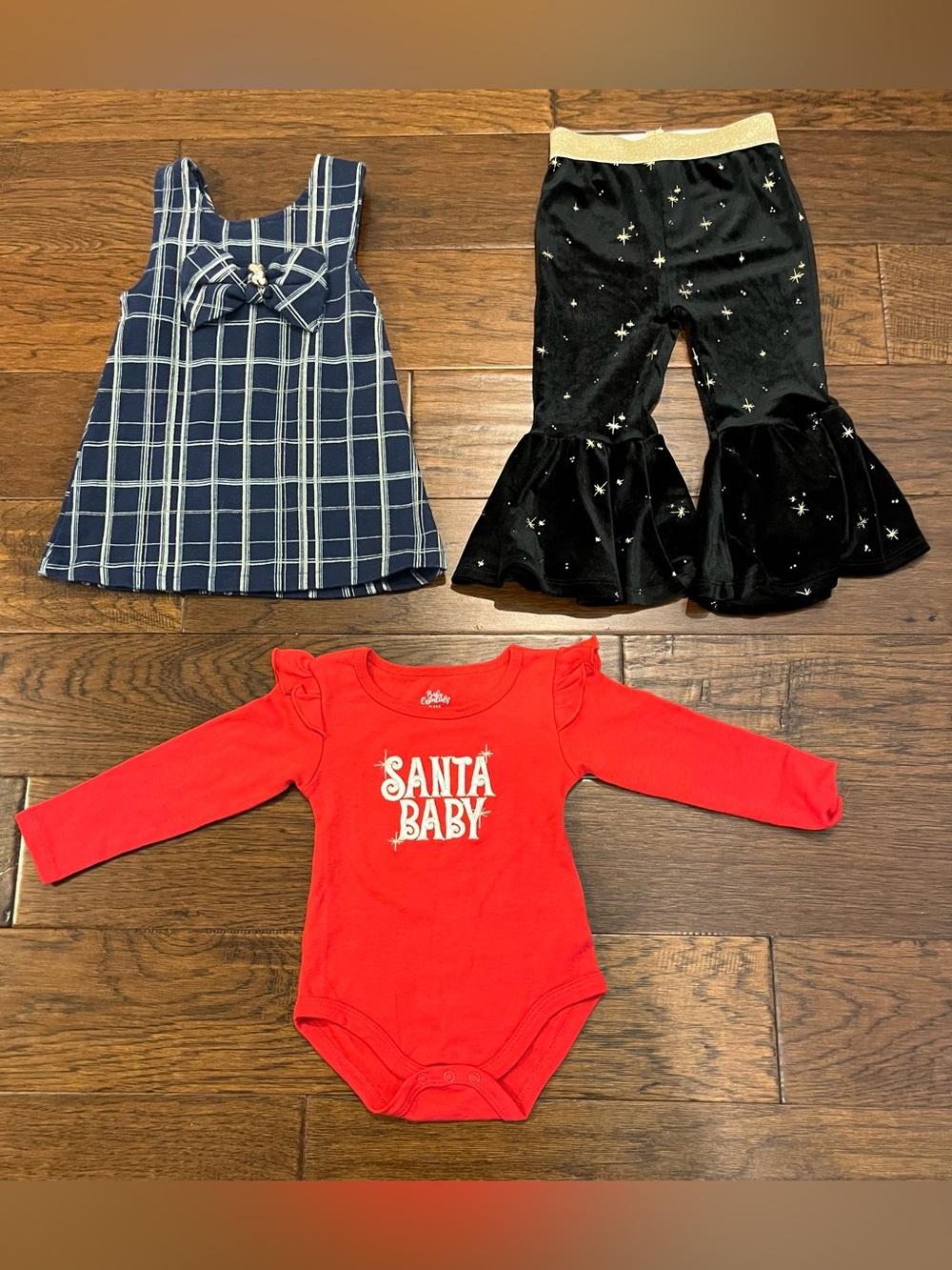 24 Months Red "Santa Baby" One-Piece, Blue Plaid Jumper & Black Gold Pants